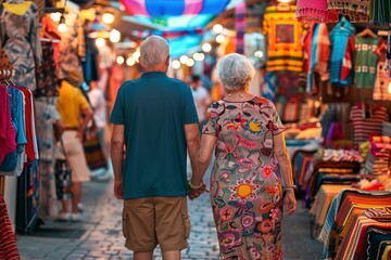 Senior Couple Walking Through Colorful Market