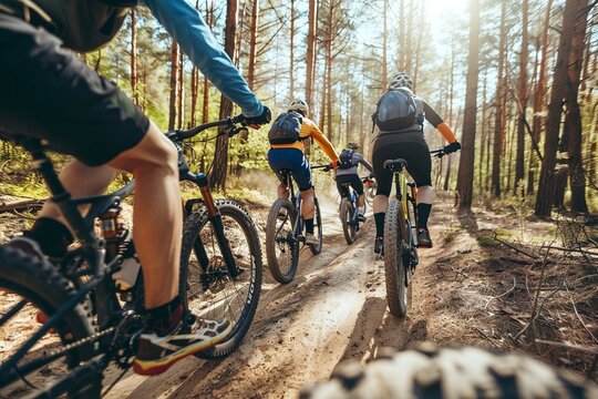 group of mountain bikers riding together - Powered by Adobe