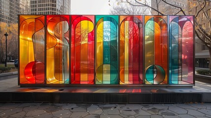 Mesmerizing hues come to life in this stunning glass sculpture exuding a symphony of colors against a backdrop of urban architecture.