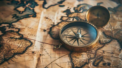 Antique compass rests on a world map, symbolizing adventure, exploration, and historical navigation