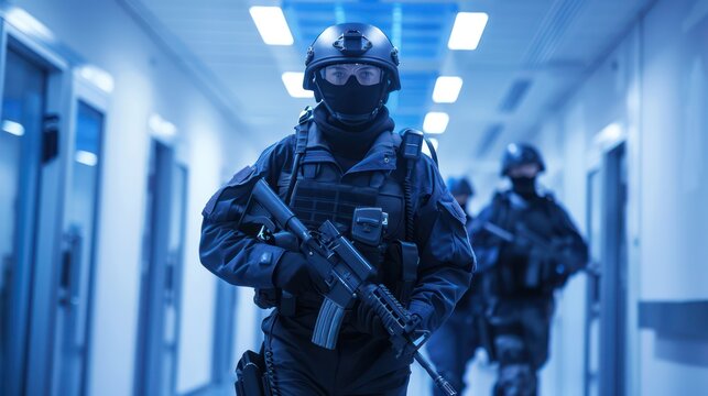 An armed special forces soldier is ready for action in a building corridor, prepared for intense tactical operations