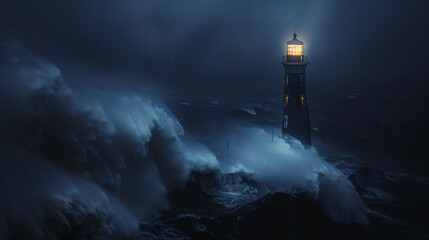 "Stormy Night at the Lighthouse: Waves Crashing and Light Beaming"
"Lighthouse Enduring Storm with Powerful Waves"
"Dramatic Night Seascape with Lighthouse Illumination"