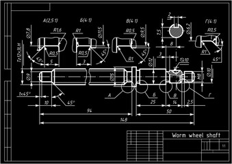 Vector drawing of steel mechanical part with through holes,
dimension lines. Worm wheel shaft. Engineering cad scheme.  Mechanical background.