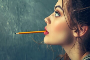 Obraz premium Woman with pencil on puckering lips looking sideways .