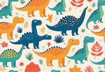 Seamless pattern with cute dinosaur on light background. Flat style vector illustrations can be used for packaging paper, fabric, textile, wrapping paper, fabric, textile, etc.
