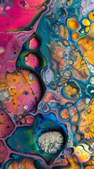 Vibrant abstract fluid art with swirling patterns and bubbles