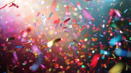 Sparkling confetti scatters across a blurred background, creating a bokeh effect that conveys a festive atmosphere