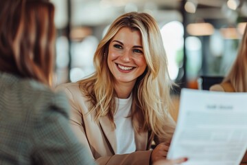 Smiling businesswoman discussing with colleague over do
