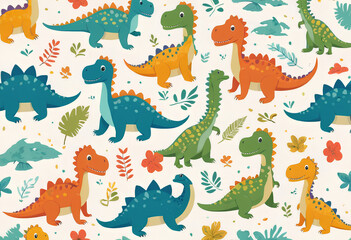 Seamless pattern with cute dinosaur on light background. Flat style vector illustrations can be used for packaging paper, fabric, textile, wrapping paper, fabric, textile, etc.
