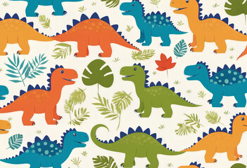 Seamless pattern with cute dinosaur on light background. Flat style vector illustrations can be used for packaging paper, fabric, textile, wrapping paper, fabric, textile, etc.
