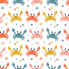 Cute Crabs Seamless Summer Pattern. Sea Animal Colorful Background for Kids. Childish Print Hand drawing. Vector illustration.
