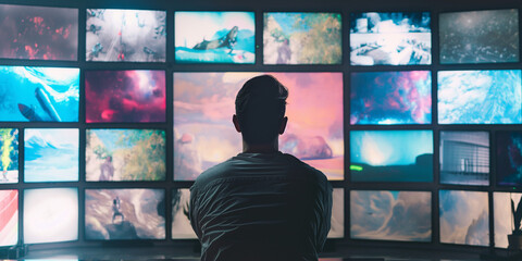 man surrounded by multiple TV screens, video wall showcasing variety of multimedia content, online broadcasting and streaming concept