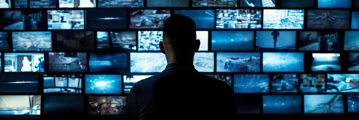 man surrounded by multiple TV screens, video wall showcasing variety of multimedia content, online broadcasting and streaming concept