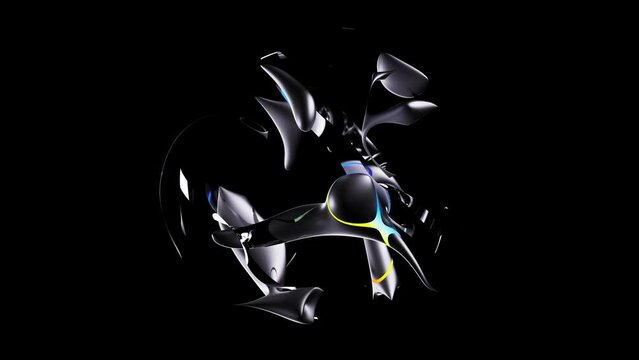 3d render of abstract art video animation with surreal ball sphere sculpture in the dark in matte aluminium metal material with neon glowing lines on surface with silver glossy stripes around on black