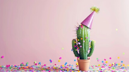 Celebratory cactus with party hat and confetti