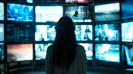 Woman surrounded by multiple TV screens, video wall showcasing variety of multimedia content, online broadcasting and streaming concept