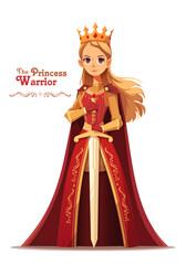 The Princess Warrior. Queen in knights armor with a sword. Cartoon vector illustration for childrens book