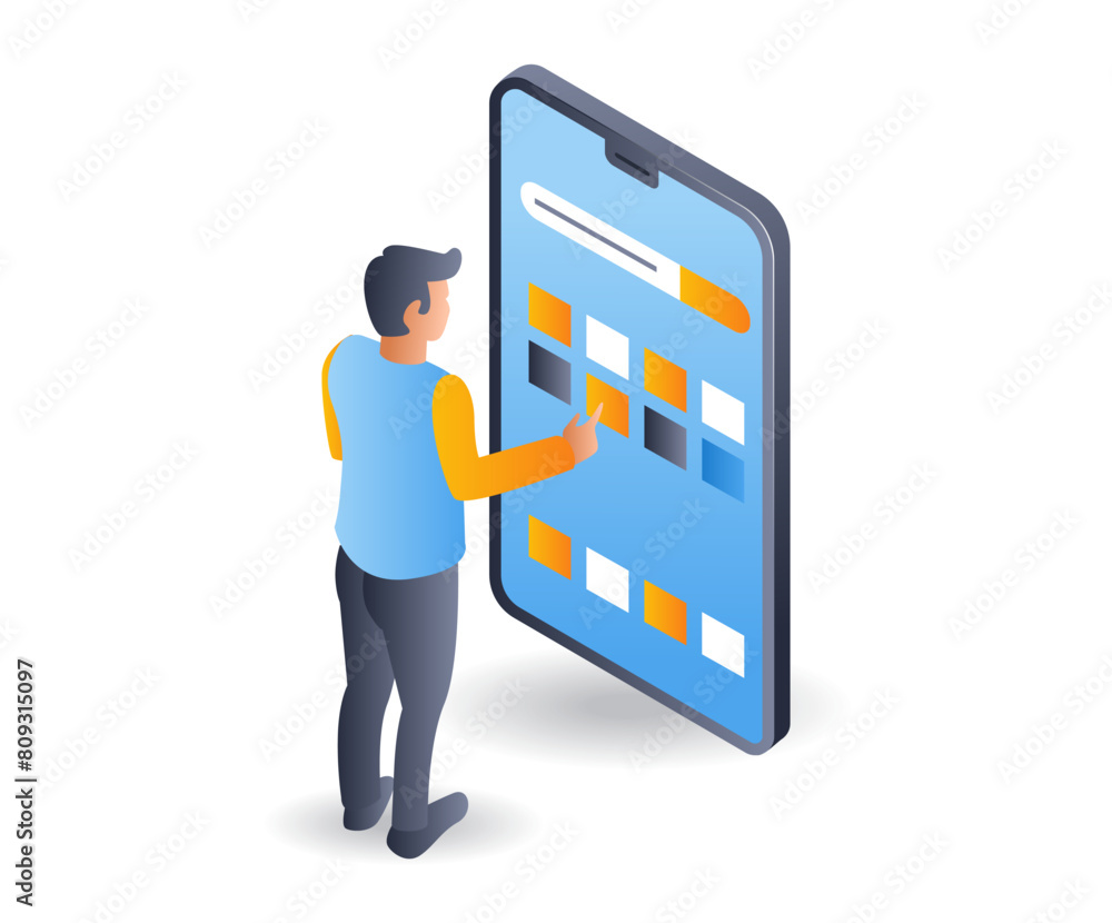 Poster man using smartphone app, isometric flat 3d illustration infographic