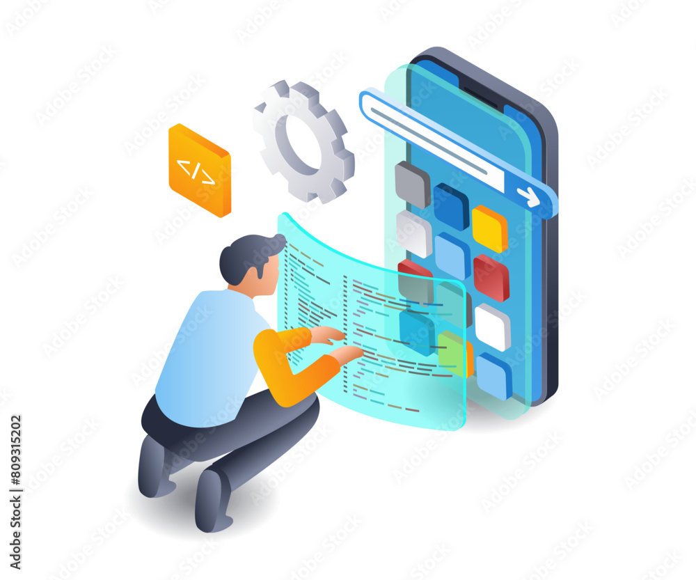 Poster Man makes application with technology program language infographics flat isometric 3d illustration