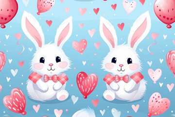Cute baby rabbit seamless pattern with roses heart, hand drawn flower background. vector cartoon illustration for nursery, poster, birthday greeting cards, baby shower, textile printing