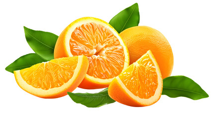 Orange fruit with orange slices and leaves isolated on white background