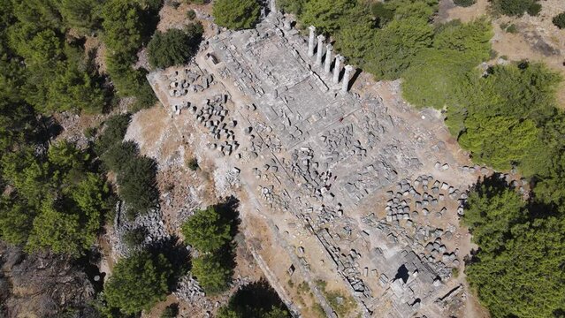 Footage of historical ruins, columns, ancient theater and temples in the ancient city of Priene.