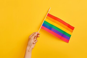 a female hand holding a pride flag