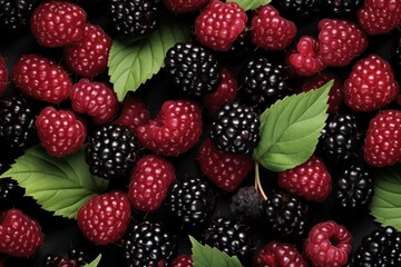 Top view of juicy blackberries and raspberries mixed with vibrant green leaves, isolated on a dark...