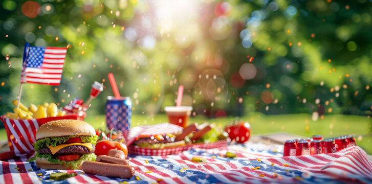 An American Independence Day celebration with a classic burger and fries on a picnic table adorned with the U.S. flag.
