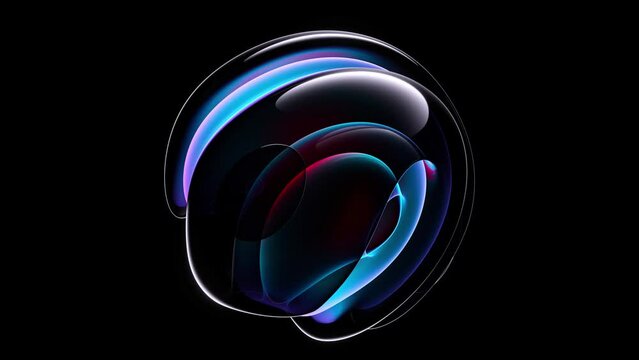 3d render abstract art video of surreal 3d ball sphere in curved wavy round and spherical lines forms in transparent fluorescent plastic material with glowing blue neon color parts on black background