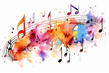 Naklejka premium Watercolor paintings, musical notes and multi-coloured paint blobs. white background image
