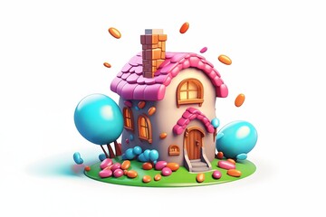 Obraz premium Cute small house with pink roof. 3D model on white background.