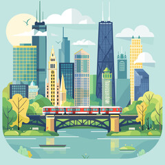City landscape with river, bridge and skyscrapers. Flat style vector illustration.