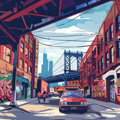 New York City street view with Brooklyn Bridge in the background. Vector illustration