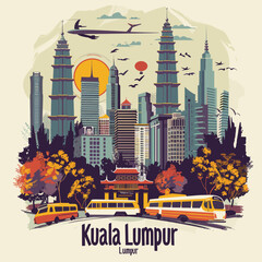 Kuala Lumpur skyline with famous landmarks, vector illustration in flat style