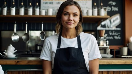 Successful small business owner or waitress proudly standing in front of their cafe or coffee shop