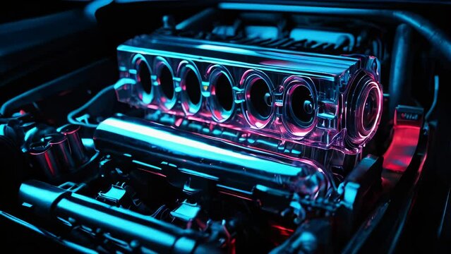 Car engine x-ray blue transparent glowing hologram, abstract automobile background