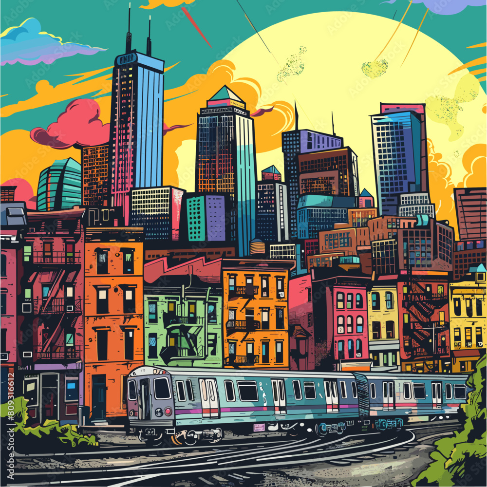 Wall mural Cityscape with trains, buildings and skyscrapers. Vector illustration.