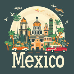 Mexico city poster, vector illustration in flat design style. Travel and tourism concept.