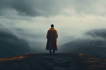 Lone figure stands on a precipice, gazing at the fog-covered valleys during twilight