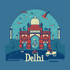 Vector illustration of Delhi city, India. Modern flat style design.