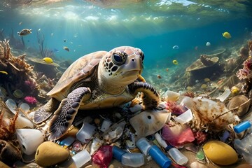 A turtle is swimming in the ocean with trash floating around it