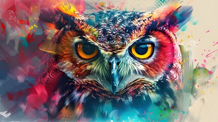 Abstract animal Owl portrait with colorful double exposure paint 