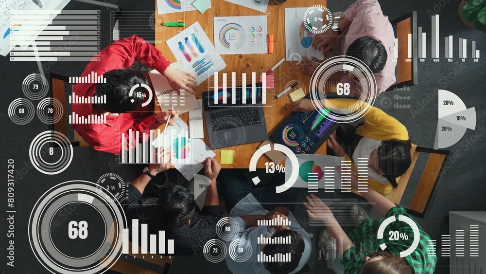 Poster top view of business people working financial graph with global networking. smart manager working to