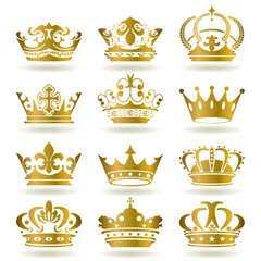 Set of 3d golden crown icons. Royals crown symbol collection. Crown gold icons set. Golden crown silhouette set. Crown golden symbol collection. Gold crown symbol signs. vector illustration