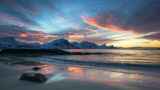 Sunset, Haukland Beach, Lofoten, Norway, Europe
