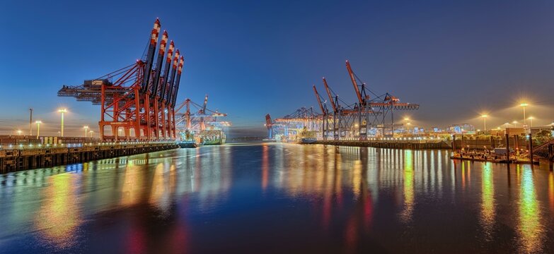 Burchardkai, harbour, illuminated, evening mood, Hamburg, Germany, Europe