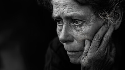 Poor old woman with sad, desperate look. 20s/30s style black and white photo.