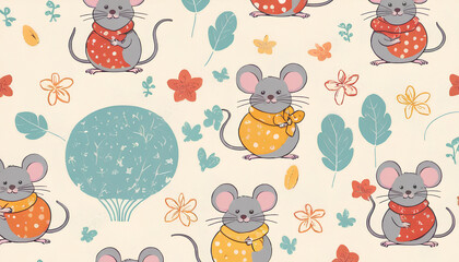 Seamless pattern with nice mouse on light background. Flat style vector illustrations can be used for packaging paper, fabric, textile, wrapping paper, fabric, textile, etc.
