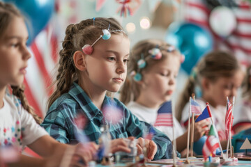 Group of Children Sitting at Table With Flags. Generative AI